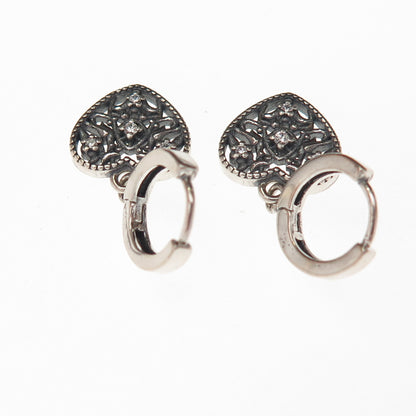 925 Sterling Silver Round-Cut C Z Ornate Heart Charm Hoop Earrings