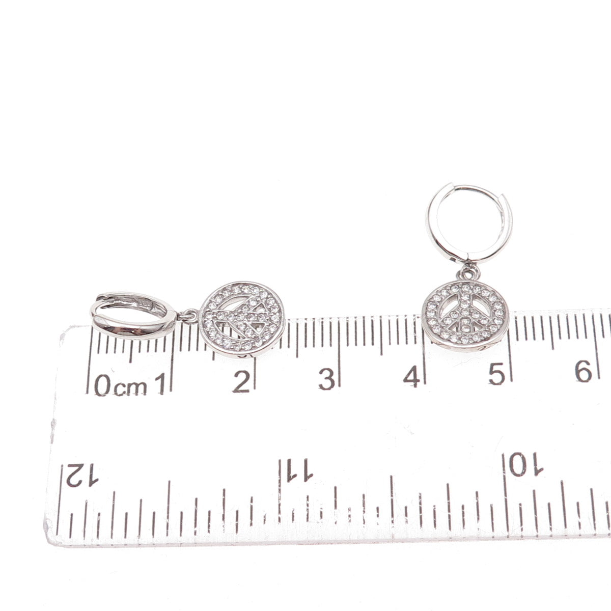 925 Sterling Silver Round-Cut C Z Peace Symbol Dangle Earrings