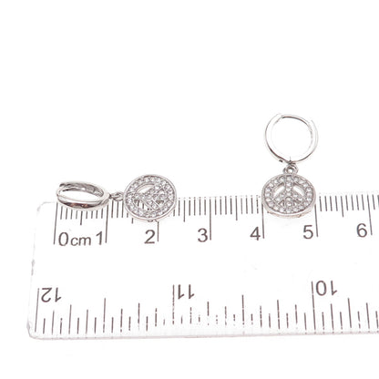 925 Sterling Silver Round-Cut C Z Peace Symbol Dangle Earrings