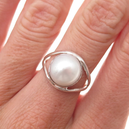 925 Sterling Silver Vintage Real Pearl Modernist Oxidized Ring Size 7