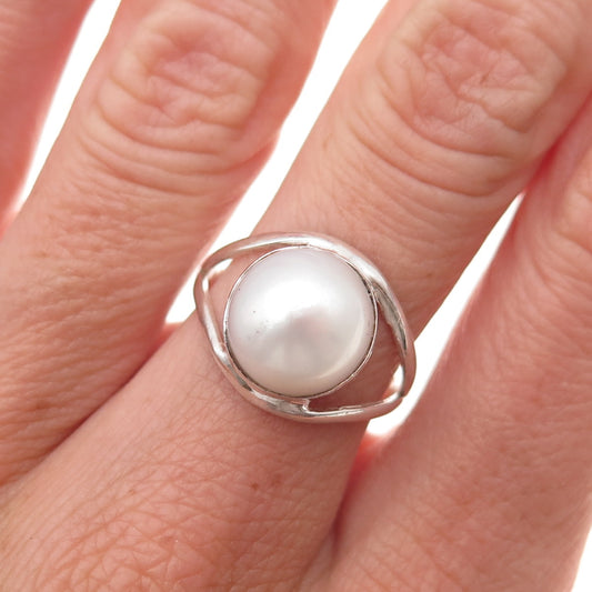 925 Sterling Silver Vintage Real Pearl Modernist Oxidized Ring Size 7