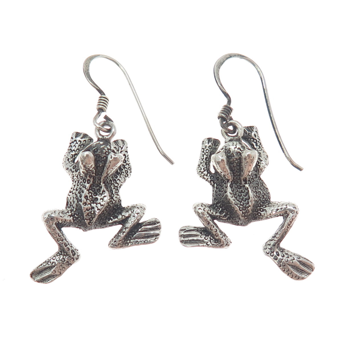 925 Sterling Silver Vintage Frog For Good Luck Oxidized Dangle Earrings