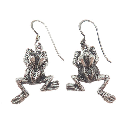 925 Sterling Silver Vintage Frog For Good Luck Oxidized Dangle Earrings