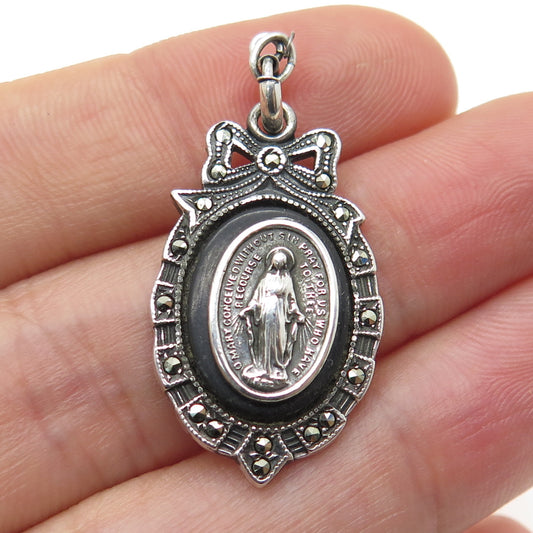 925 Sterling Silver Antique Black Onyx Marcasite Gem St. Mary Religious Pendant