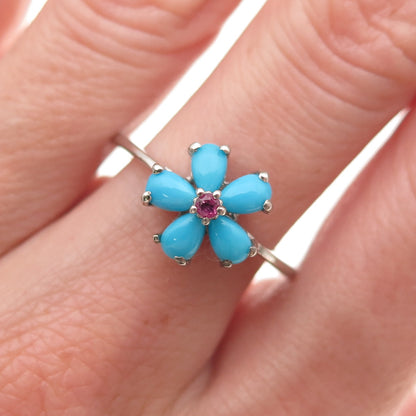 Chuck Clemency 925 Sterling Silver Real Turquoise & Ruby Flower Ring Size 8