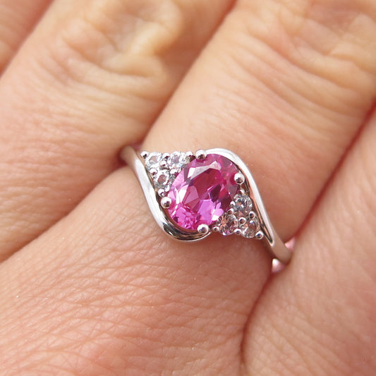SAI 925 Sterling Silver Real Pink & White Sapphire Ring Size 6.75