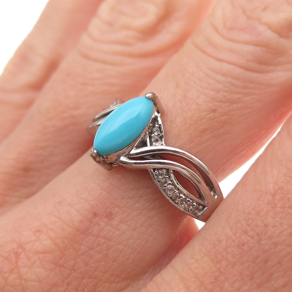 Chuck Clemency 925 Sterling Silver Real Turquoise & White Topaz Ring Size 8.25
