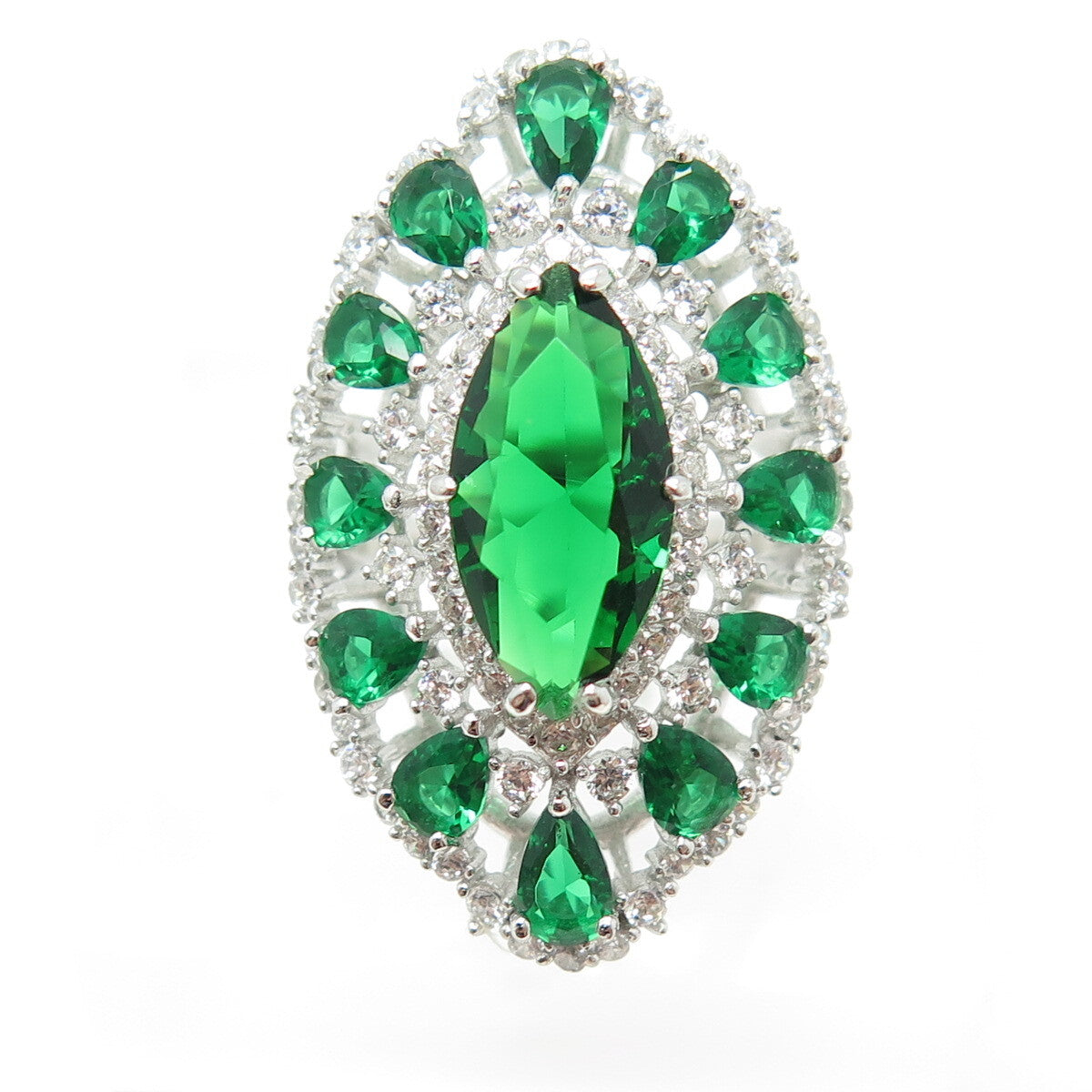 DSMK 925 Sterling Silver Marquise & Pear-Cut Nano Emerald & C Z Ring Size 7