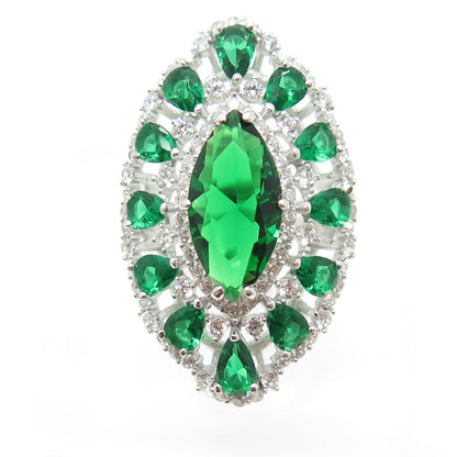 DSMK 925 Sterling Silver Marquise & Pear-Cut Nano Emerald & C Z Ring Size 7