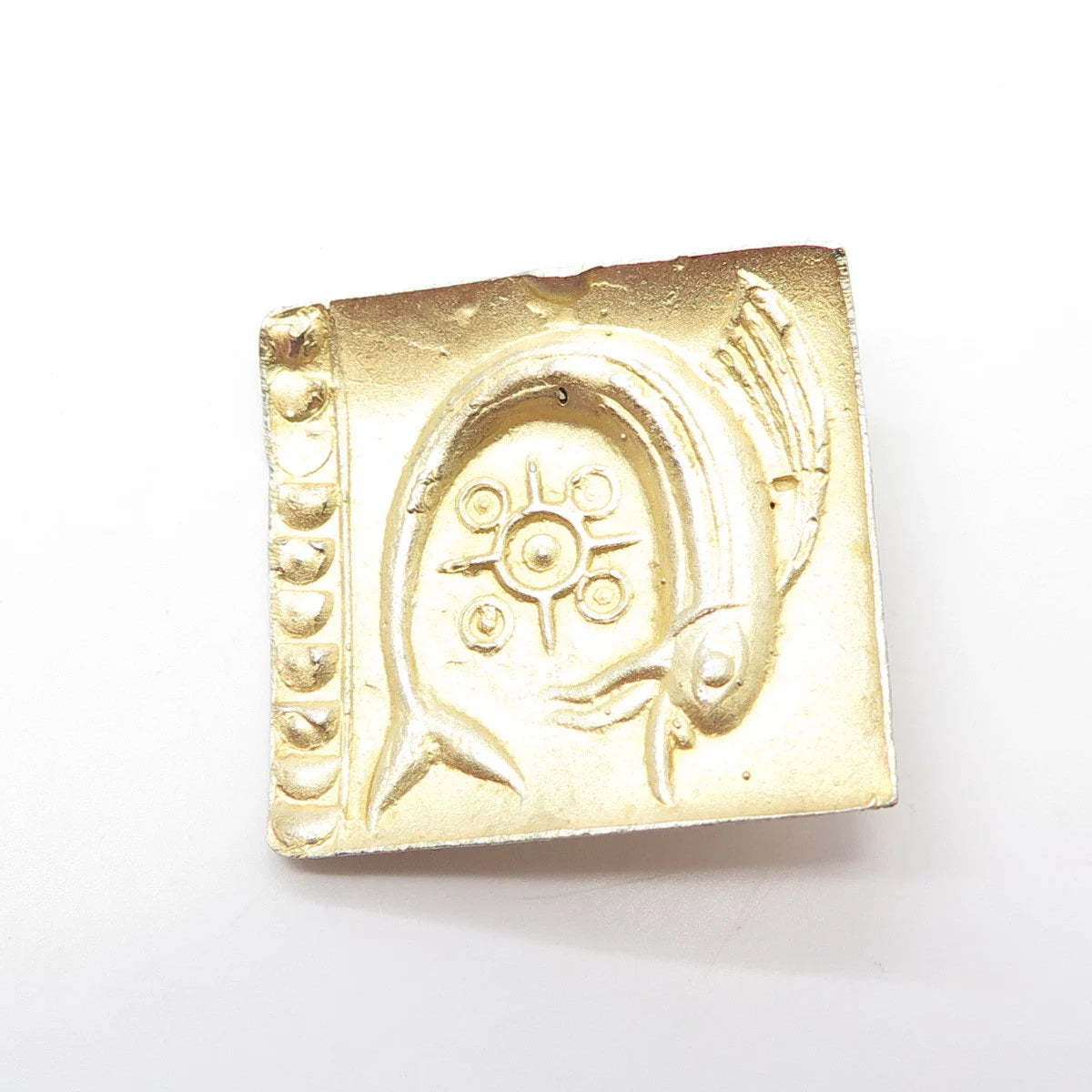 925 Sterling Silver Gold Plated Vintage Fish Symbol Square Pin Brooch