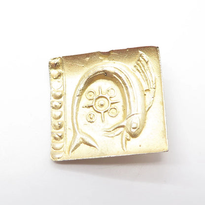 925 Sterling Silver Gold Plated Vintage Fish Symbol Square Pin Brooch
