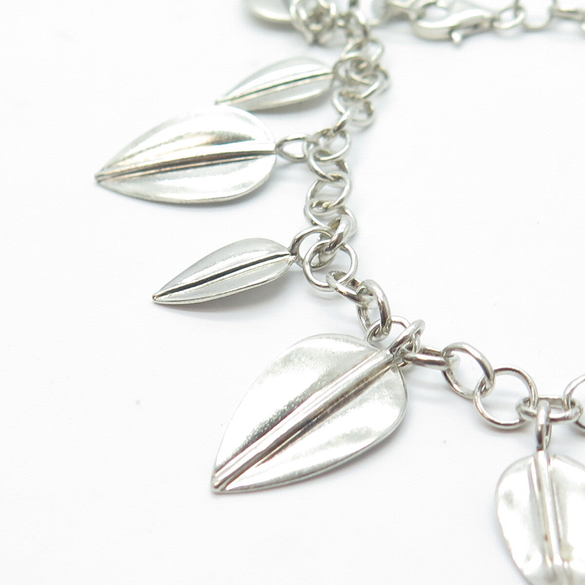 925 Sterling Silver Vintage Floral Leaf Charm Rolo Link Bracelet 7.5"