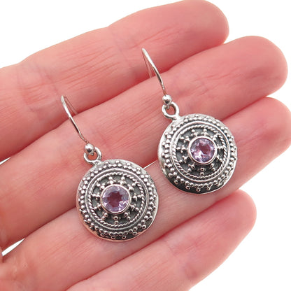 925 Sterling Silver Vintage Real Amethyst Oxidized Dangle Earrings
