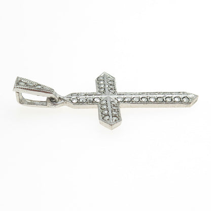 925 Sterling Silver Antique Art Deco Real Marcasite Gemstone Cross Pendant