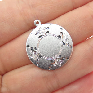 925 Sterling Silver Vintage Engraved Floral Round Tag Charm Pendant