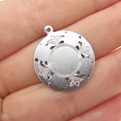925 Sterling Silver Vintage Engraved Floral Round Tag Charm Pendant