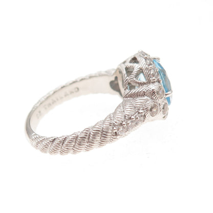 Judith Ripka 925 Sterling Silver Real Blue Topaz & C Z Ring Size 7.25