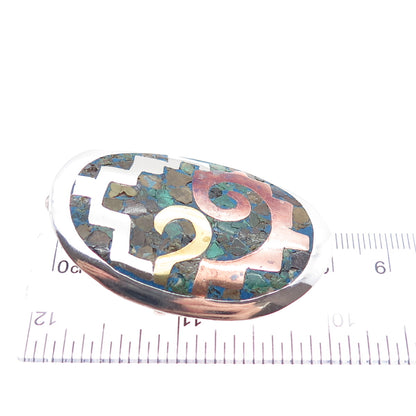 925 Sterling Silver 3-Tone Vintage Mexico Real Azurite Pin Brooch / Pendant
