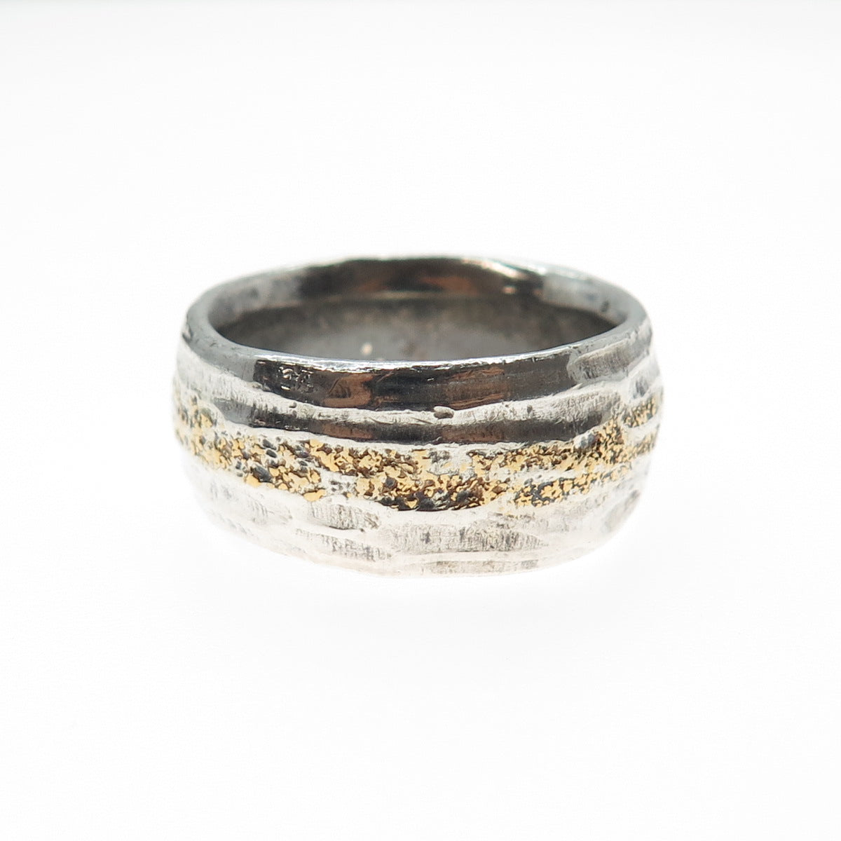 PAVE Sterling Silver 22K Gold Vintage Modernist Oxidized Band Ring Size 10.75