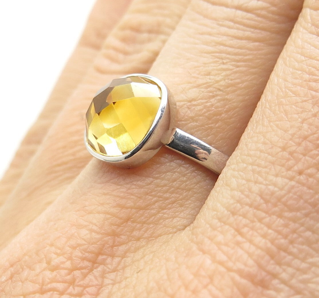DSMK 925 Sterling Silver Checkered Citrine Gemstone Minimalist Ring Size 7.25
