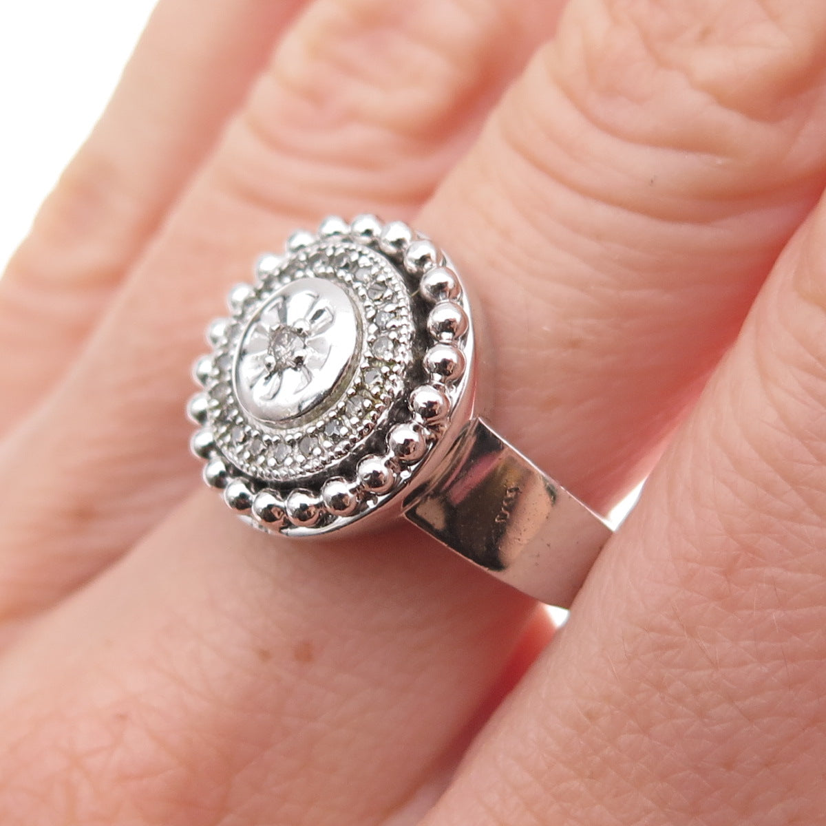 925 Sterling Silver Mexico Real Diamond Wheel of Fortune Ring Size 7.25
