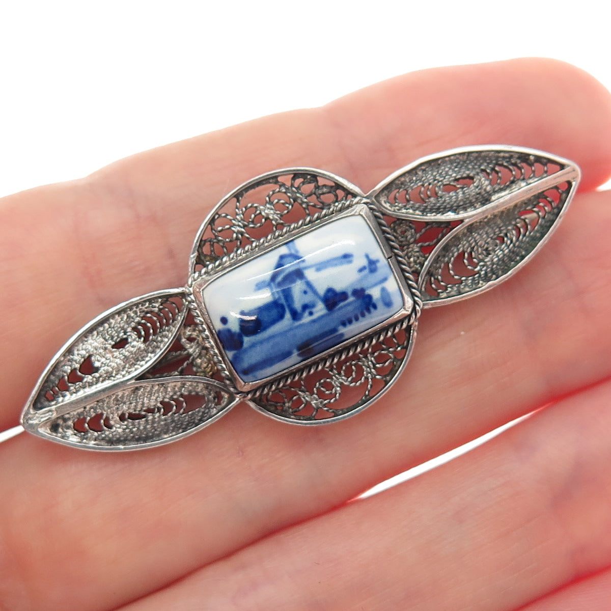 DELFT & G.Bergh Jr. 835 Silver Vintage Netherlands Ceramic Old Windmill Brooch