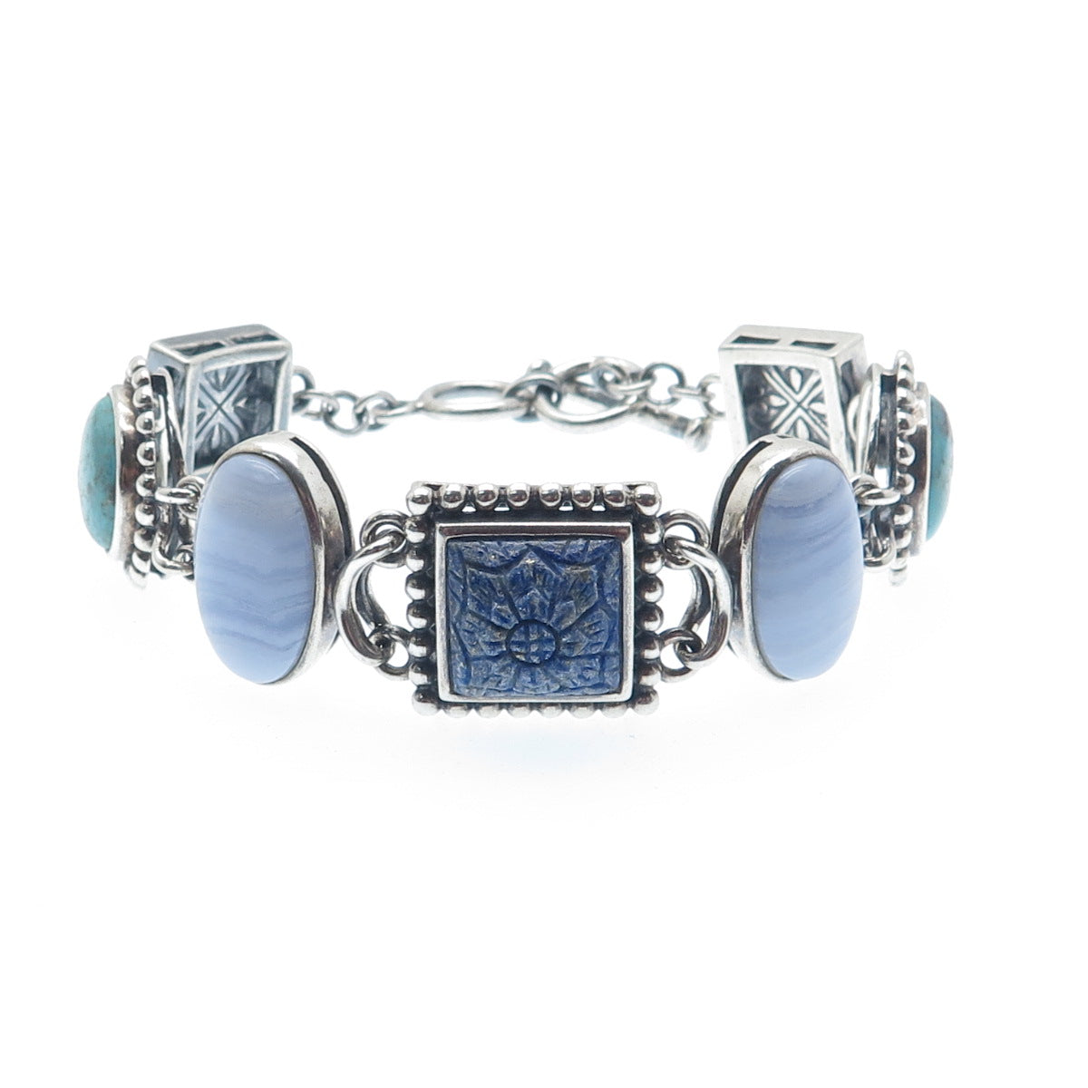 WHITNEY KELLY 925 Sterling Vintage Real Agate Lapis Turquoise MOP Bracelet 7.5"