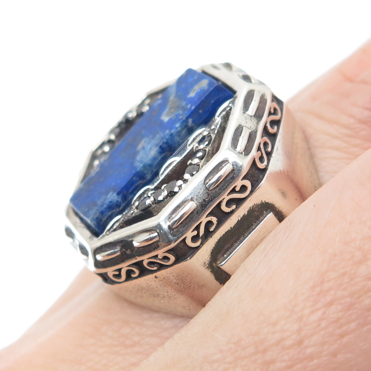 925 Sterling Silver Vintage Real Black Diamond & Lapis Lazuli Ring Size 9.25