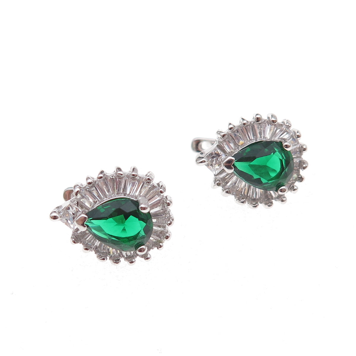 925 Sterling Silver Green & White C Z Teardrop Earrings