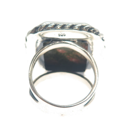 925 Sterling Silver Vintage Real Cushion-Cut Unakite Roped Bezel Ring Size 8.25