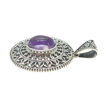 925 Sterling Silver Vintage Real Amethyst Granulated Floral Oxidized Pendant