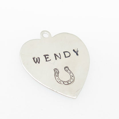 925 Sterling Silver Vintage Wendy Horseshoe Heart Tag Charm Pendant