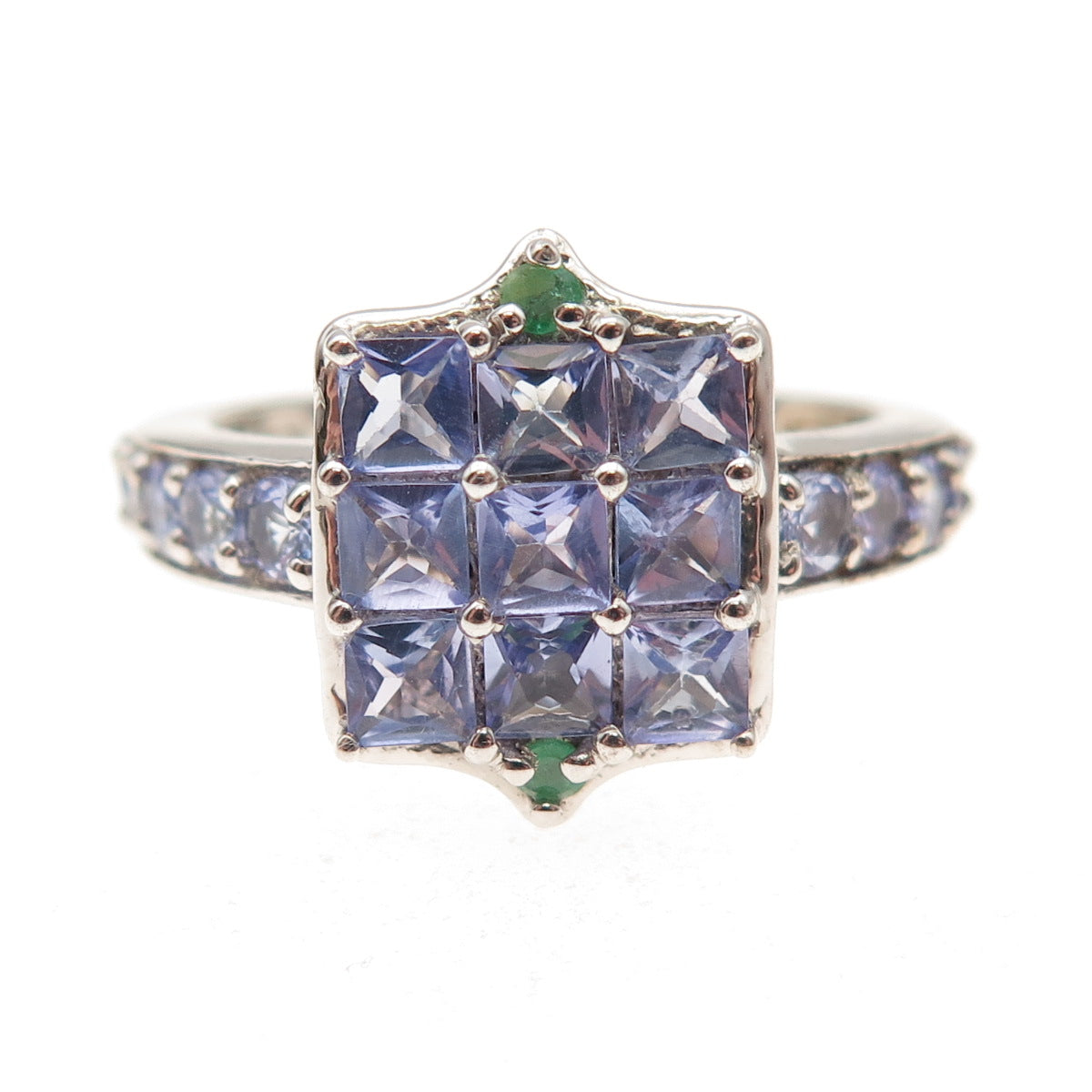 Chuck Clemency 925 Sterling Silver Real Tanzanite & Emerald Ring Size 9.25