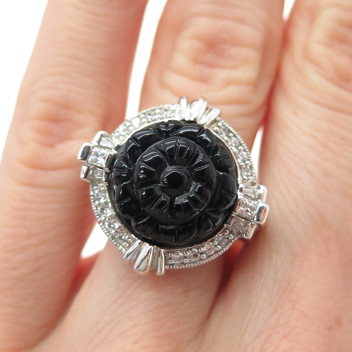 925 Sterling Silver Real Black Onyx & C Z Carved Flower Ring Size 5.25