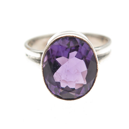 925 Sterling Silver Vintage Real Oval-Cut Amethyst Oxidized Ring Size 6