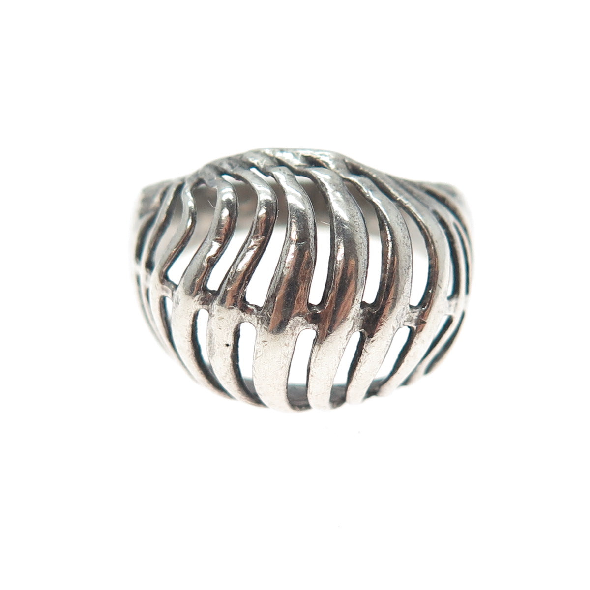 925 Sterling Silver Vintage Modernist Ribbed Dome Oxidized Ring Size 7.75