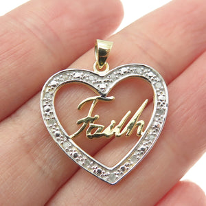 HAN 925 Sterling Silver 2-Tone Real Round-Cut Diamond "Faith" Heart Pendant