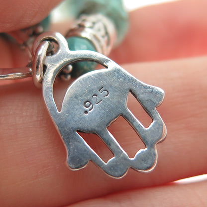 925 Sterling Vintage Turquoise Amethyst & Crystal Beaded Hamsa Bracelet 7-8.25"