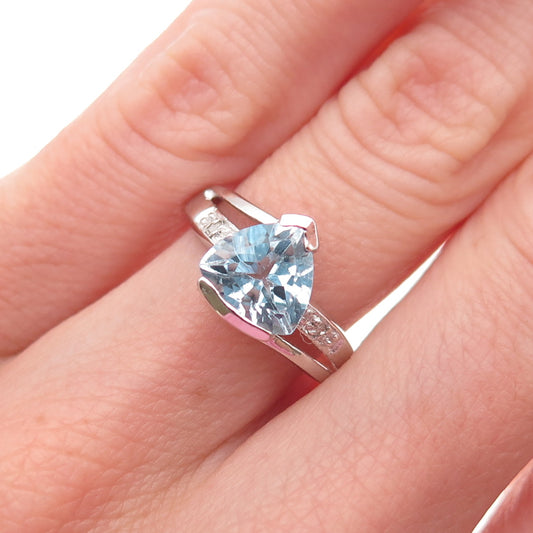 925 Sterling Silver Real Diamond & Blue Topaz Ring Size 5