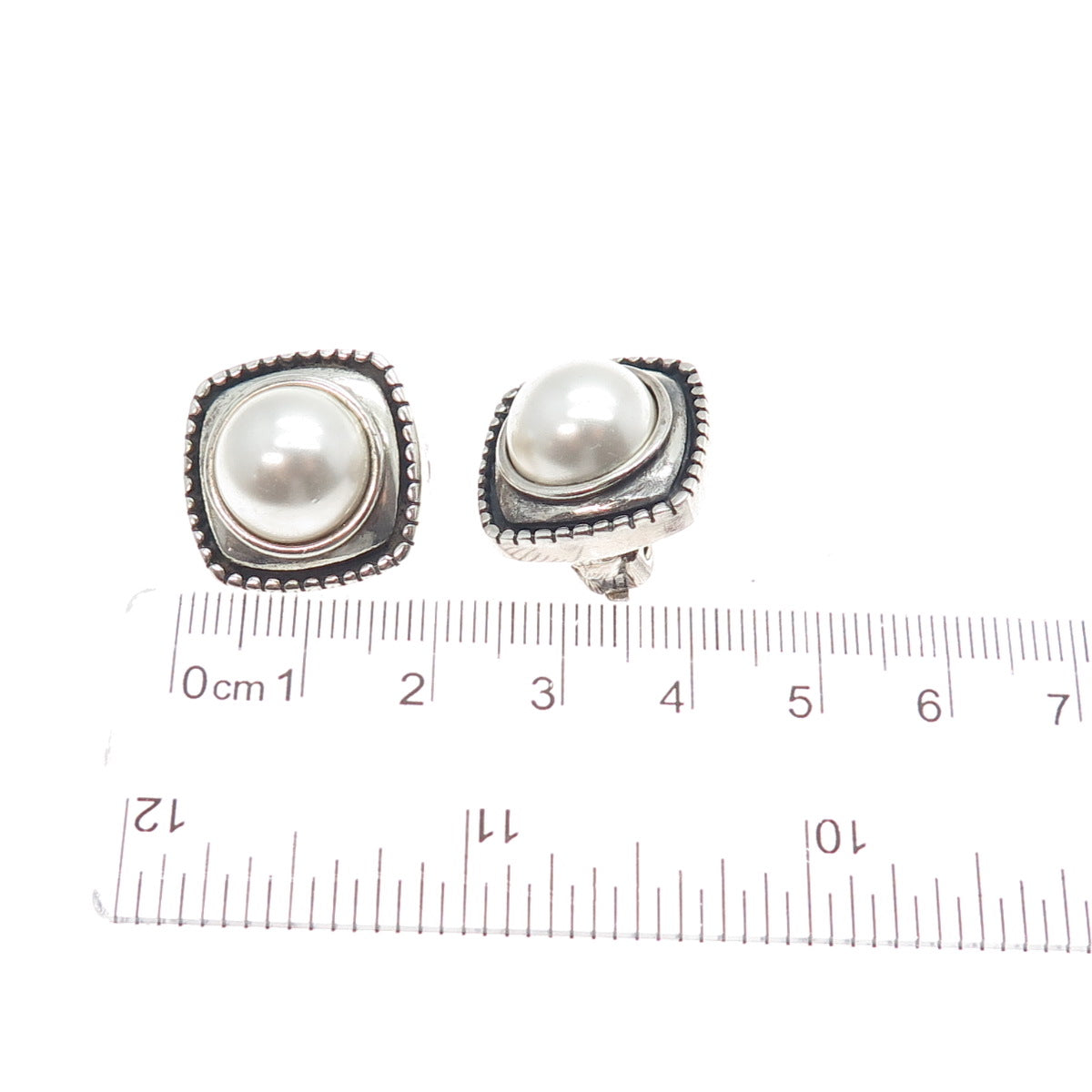 925 Sterling Silver Vintage Faux Pearl Modernist Oxidized Clip On Earrings
