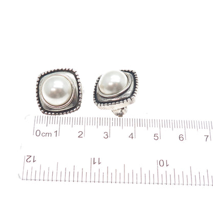 925 Sterling Silver Vintage Faux Pearl Modernist Oxidized Clip On Earrings