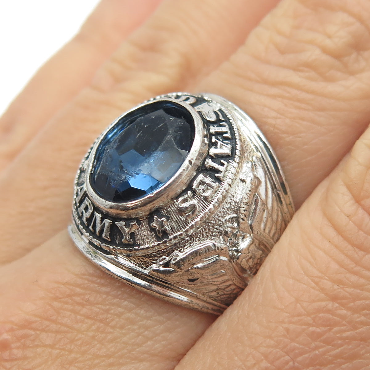 CREST CRAFT 925 Sterling Silver Antique Art Deco Blue Glass US Army Ring Size 8