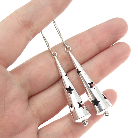 925 Sterling Silver Vintage Modernist Shadow Box Star Cone Dangle Earrings