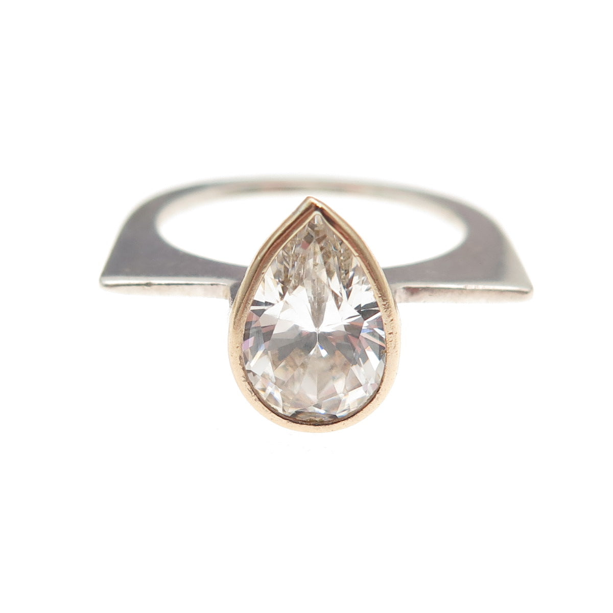 925 Sterling Silver 14K Gold Vintage Pear-Cut C Z Modernist Ring Size 6