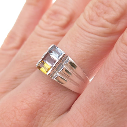 925 Sterling Silver Vintage Real Amethyst Iolite & Citrine Ring Size 7.75