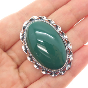 925 Sterling Silver Vintage Mexico Real Green Onyx Oxidized Pin Brooch / Pendant