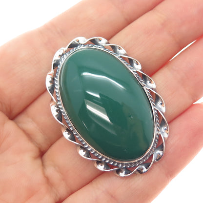 925 Sterling Silver Vintage Mexico Real Green Onyx Oxidized Pin Brooch / Pendant