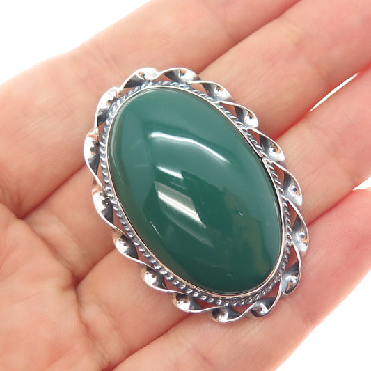 925 Sterling Silver Vintage Mexico Real Green Onyx Oxidized Pin Brooch / Pendant