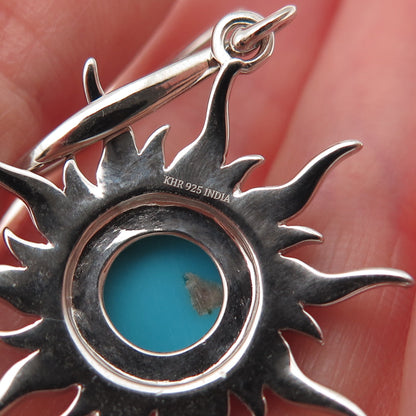 925 Sterling Silver 2-Tone Real Sleeping Beauty Turquoise Sun Dangle Earrings
