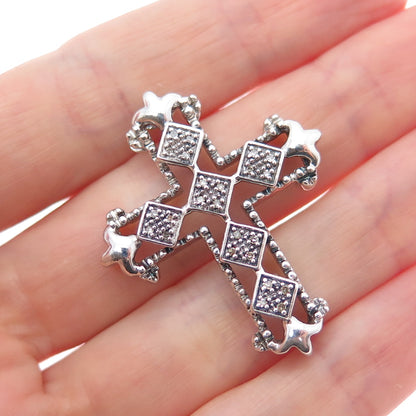 JANE SEYMOUR 925 Sterling Silver Real Diamond Cross Fleur de Lis Slide Pendant